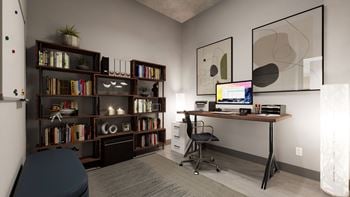 A room with a desk, chair, and bookshelf